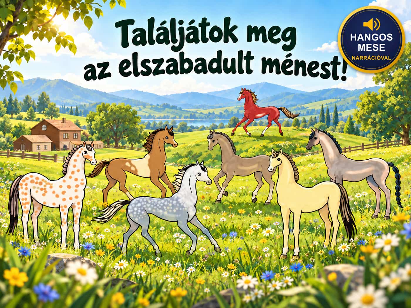 Hat színes csikó a virágos réten a tanya mellett, felettük a felirat: Találjátok meg az elszabadult ménest! Hangos mese narrációval matrica