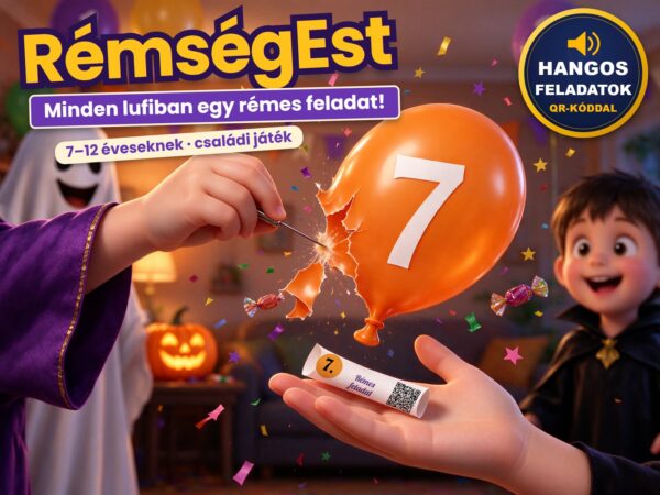 RémségEst Halloween party játék: egy gyerek tűvel kipukkaszt egy lufit, a tenyérben a cetli