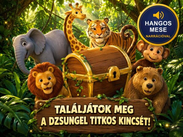 Szólít a vadon dzsungel kincskereső játék plakát hangos mesével, állatok a kincsesláda körül